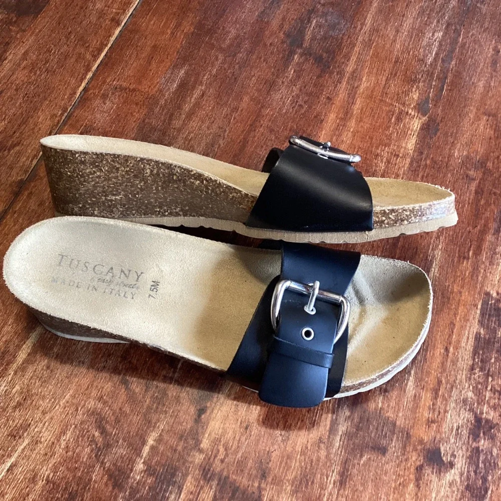 Tuscany by Easy Street Black Buckle Cork Wedge Slide Sandals Made in Italy‎ 7.5M